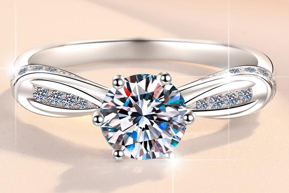 Round Solitaire Ribbon Band Moissanite Ring in 925 Sterling Silver