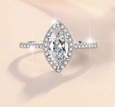Marquise Cut Halo Moissanite Ring in 925 Sterling Silver