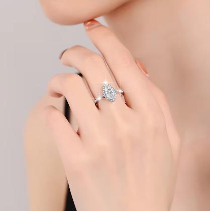Marquise Cut Halo Moissanite Ring in 925 Sterling Silver