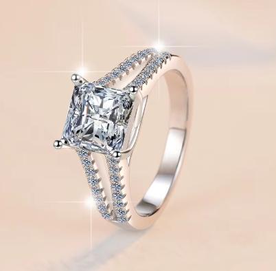 Princess Cut Side Stone Moissanite Ring in 925 Sterling Silver