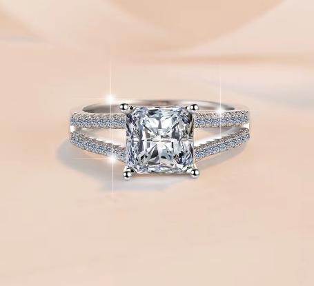 Princess Cut Side Stone Moissanite Ring in 925 Sterling Silver