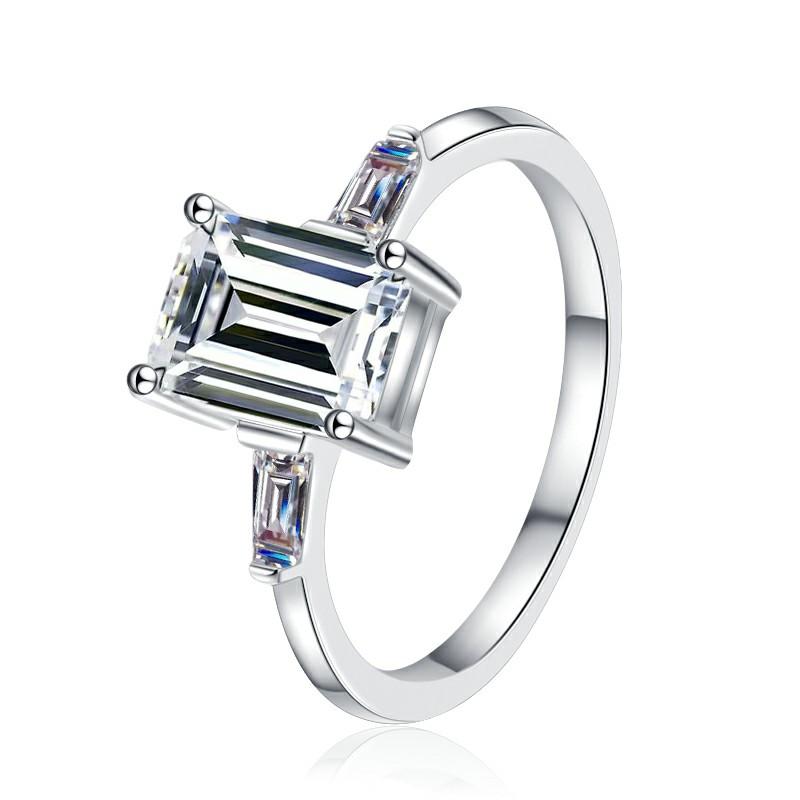 Emerald Cut Baguette Side Stone Moissanite Ring in 925 Sterling Silver