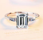 Emerald Cut Baguette Side Stone Moissanite Ring in 925 Sterling Silver