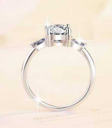 Emerald Cut Baguette Side Stone Moissanite Ring in 925 Sterling Silver