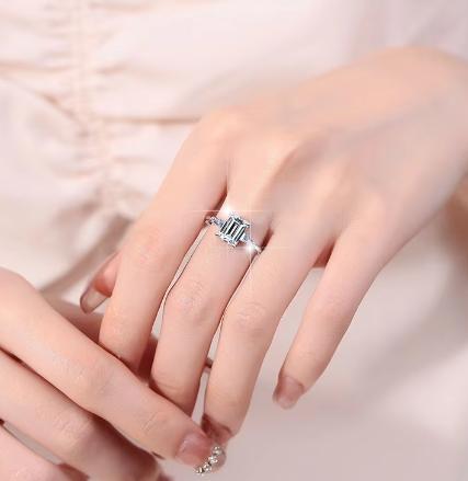 Emerald Cut Baguette Side Stone Moissanite Ring in 925 Sterling Silver