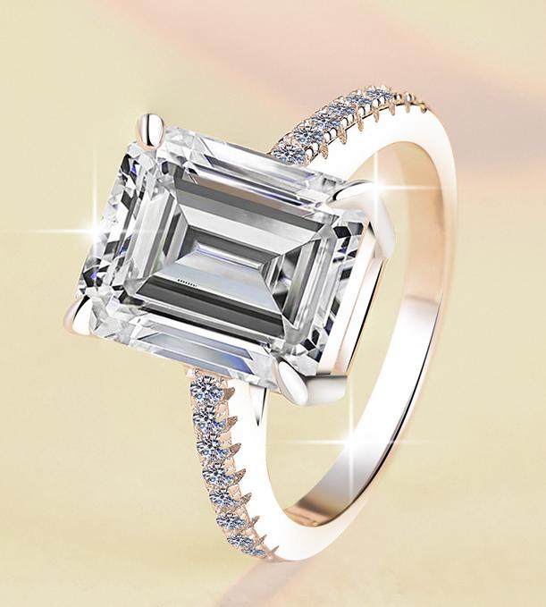 Emerald Solitaire Pavé Band Moissanite Ring in 925 Sterling Silver