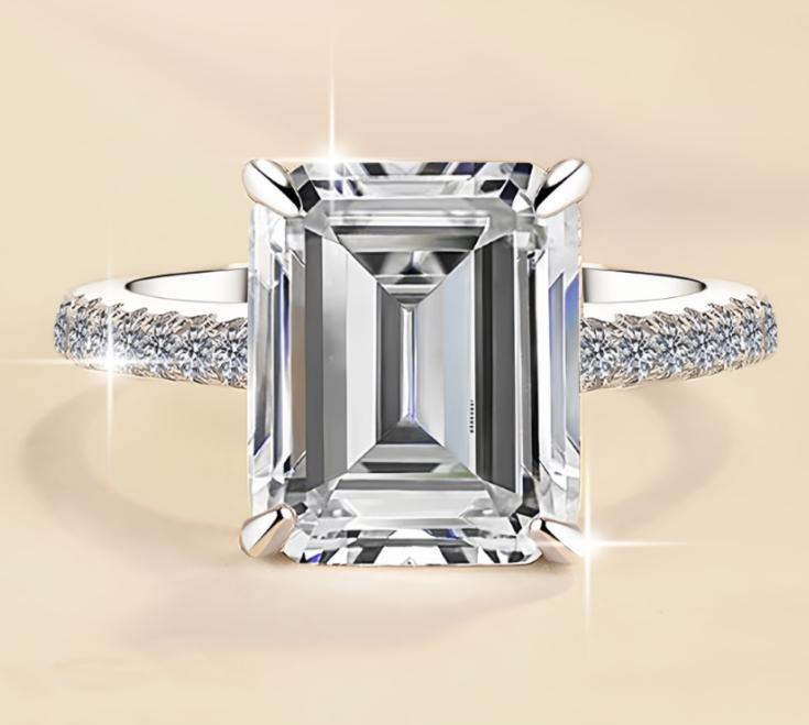 Emerald Solitaire Pavé Band Moissanite Ring in 925 Sterling Silver