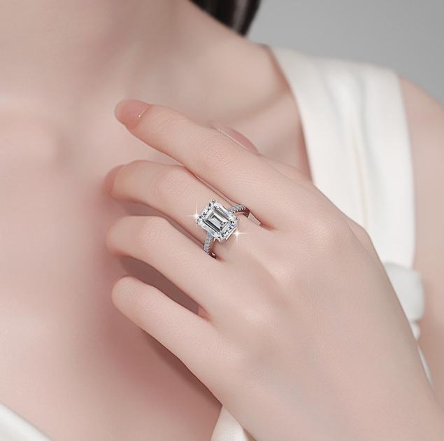 Emerald Solitaire Pavé Band Moissanite Ring in 925 Sterling Silver