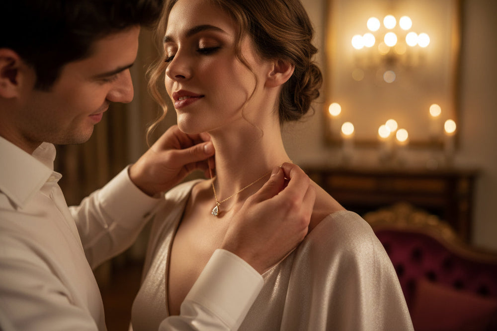 Man placing necklace on woman