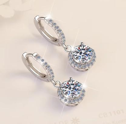 Sterling Silver Moissanite Round Halo Hoop Drop Earrings, detail view 1
