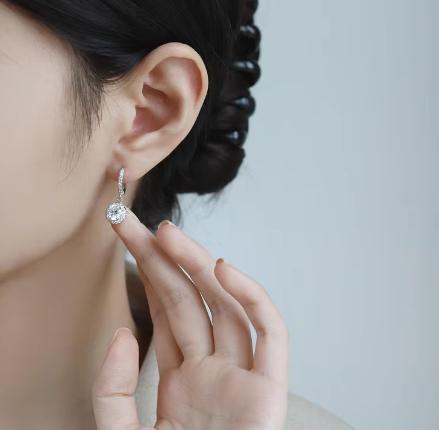 Sterling Silver Moissanite Round Halo Hoop Drop Earrings, detail view 3