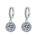 Sterling Silver Moissanite Round Halo Hoop Drop Earrings, front view