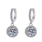 Sterling Silver Moissanite Round Halo Hoop Drop Earrings, front view