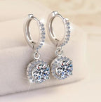 Sterling Silver Moissanite Round Halo Hoop Drop Earrings, detail view 2