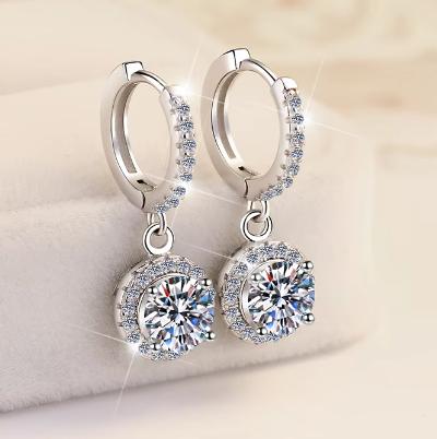 Sterling Silver Moissanite Round Halo Hoop Drop Earrings, detail view 2