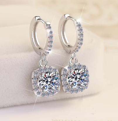 Sterling Silver Moissanite Square Halo Hoop Drop Earrings, detail view 2