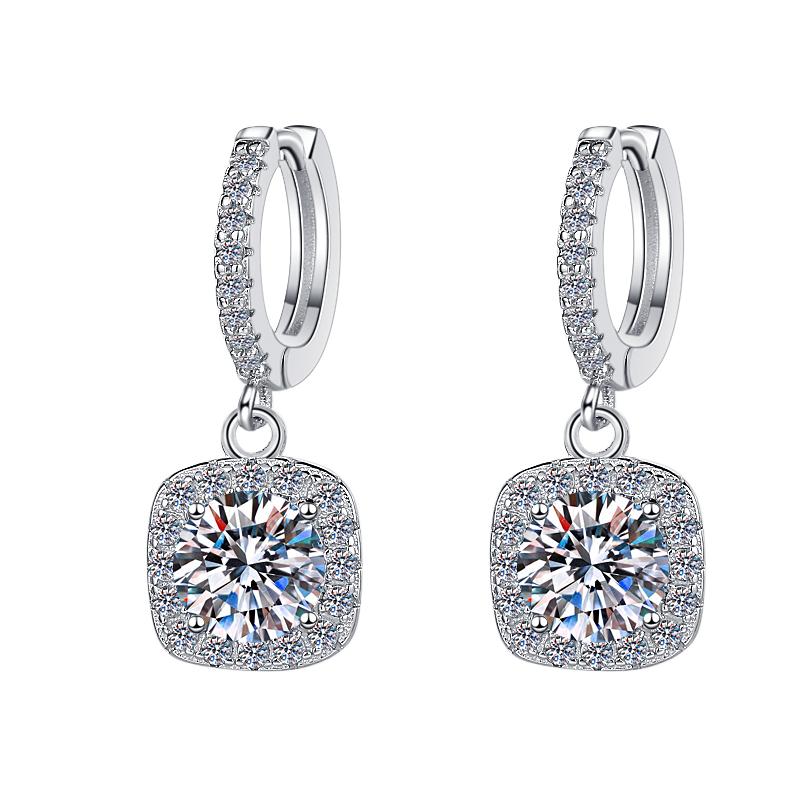 Sterling Silver Moissanite Square Halo Hoop Drop Earrings, front view