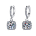 Sterling Silver Moissanite Square Halo Hoop Drop Earrings, front view