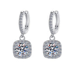 Sterling Silver Moissanite Square Halo Hoop Drop Earrings, front view