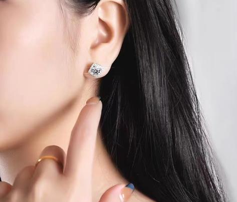 Sterling Silver Moissanite Cushion Halo Stud Earrings, detail view 3