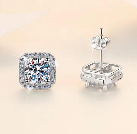 Sterling Silver Moissanite Cushion Halo Stud Earrings, detail view 2