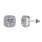 Sterling Silver Moissanite Cushion Halo Stud Earrings, front view