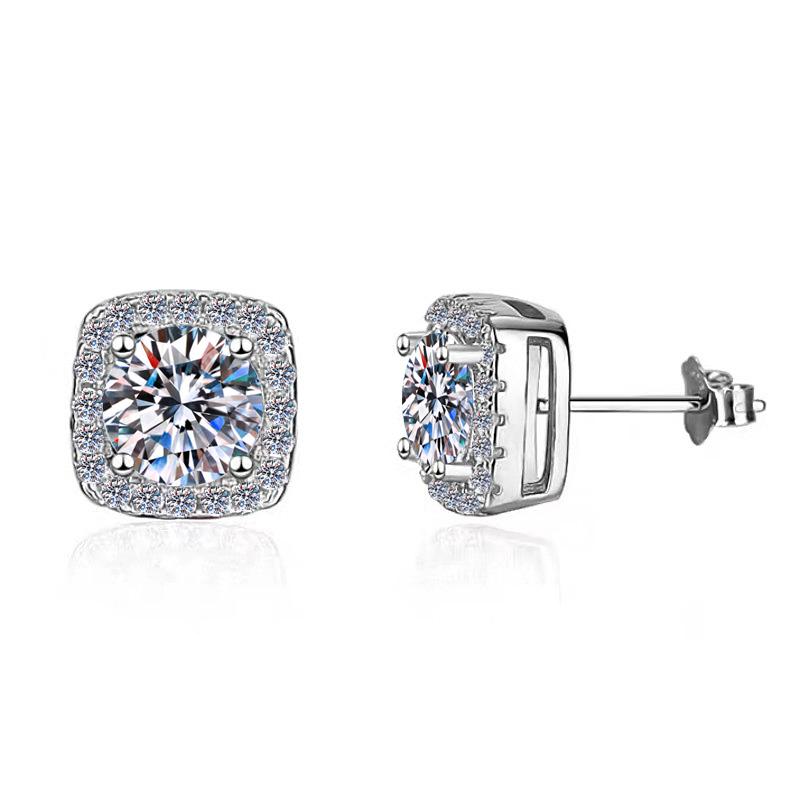 Sterling Silver Moissanite Cushion Halo Stud Earrings, front view