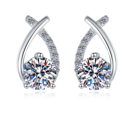 Round Solitaire Crossover Stud Moissanite Earrings in Sterling Silver