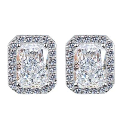 Emerald Cut Halo Stud Moissanite Earrings in Sterling Silver