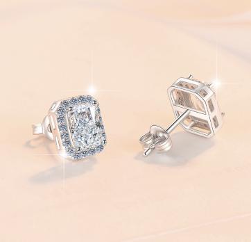 Emerald Cut Halo Stud Moissanite Earrings in Sterling Silver