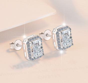 Emerald Cut Halo Stud Moissanite Earrings in Sterling Silver