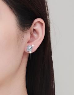 Emerald Cut Halo Stud Moissanite Earrings in Sterling Silver