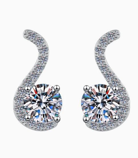 Curved Pavé Solitaire Stud Moissanite Earrings in Sterling Silver