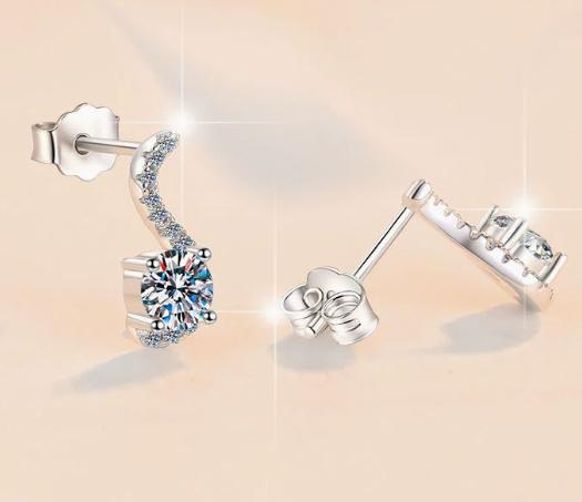Curved Pavé Solitaire Stud Moissanite Earrings in Sterling Silver