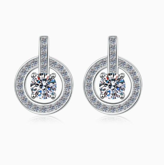 Round Halo Circle Drop Moissanite Earrings in Sterling Silver