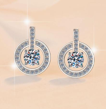 Round Halo Circle Drop Moissanite Earrings in Sterling Silver