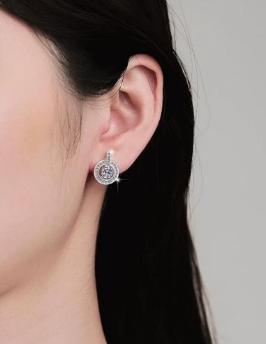 Round Halo Circle Drop Moissanite Earrings in Sterling Silver