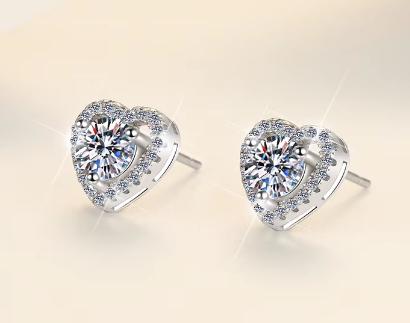 Heart Solitaire Prong Stud Moissanite Earrings in Sterling Silver