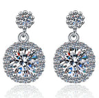 Round Halo Double Drop Moissanite Earrings in Sterling Silver