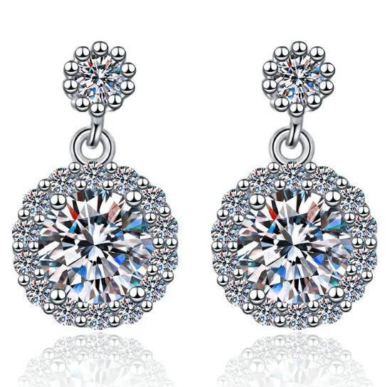 Round Halo Double Drop Moissanite Earrings in Sterling Silver