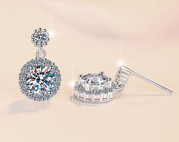 Round Halo Double Drop Moissanite Earrings in Sterling Silver