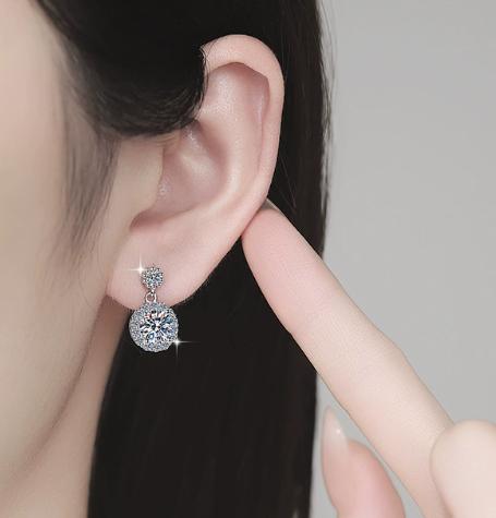 Round Halo Double Drop Moissanite Earrings in Sterling Silver