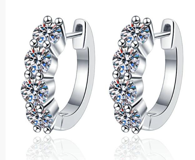 Four Stone Hinged Hoop Moissanite Earrings in Sterling Silver