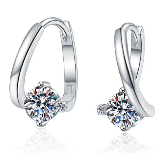 Round Solitaire Oval Hoop Moissanite Earrings in Sterling Silver