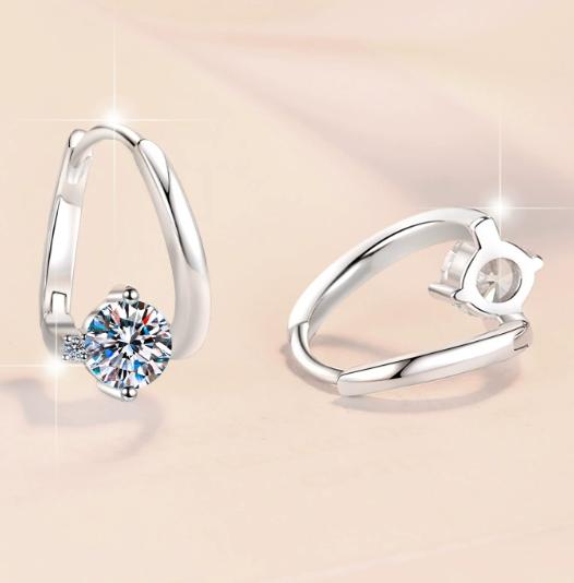 Round Solitaire Oval Hoop Moissanite Earrings in Sterling Silver