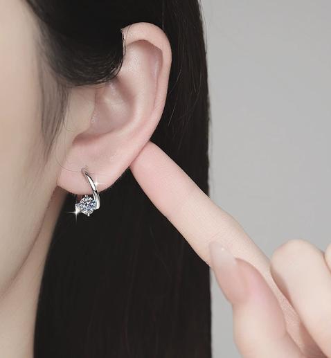 Round Solitaire Oval Hoop Moissanite Earrings in Sterling Silver