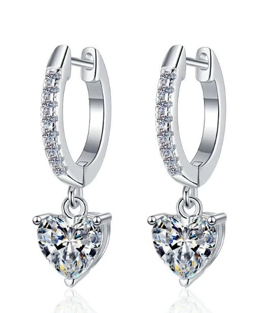 Heart Solitaire Pavé Hoop Drop Moissanite Earrings in Sterling Silver