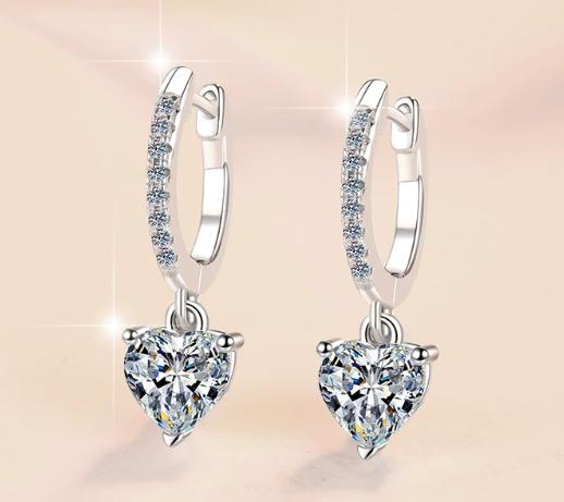 Heart Solitaire Pavé Hoop Drop Moissanite Earrings in 925 Silver
