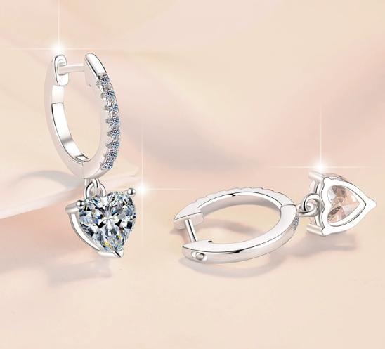 Heart Solitaire Pavé Hoop Drop Moissanite Earrings in Sterling Silver