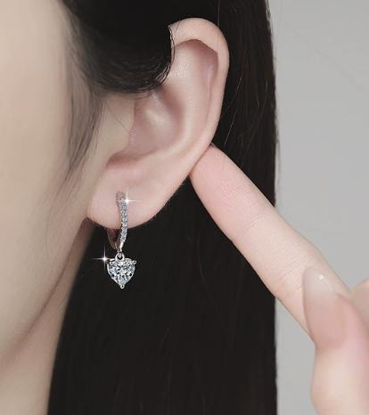 Heart Solitaire Pavé Hoop Drop Moissanite Earrings in Sterling Silver
